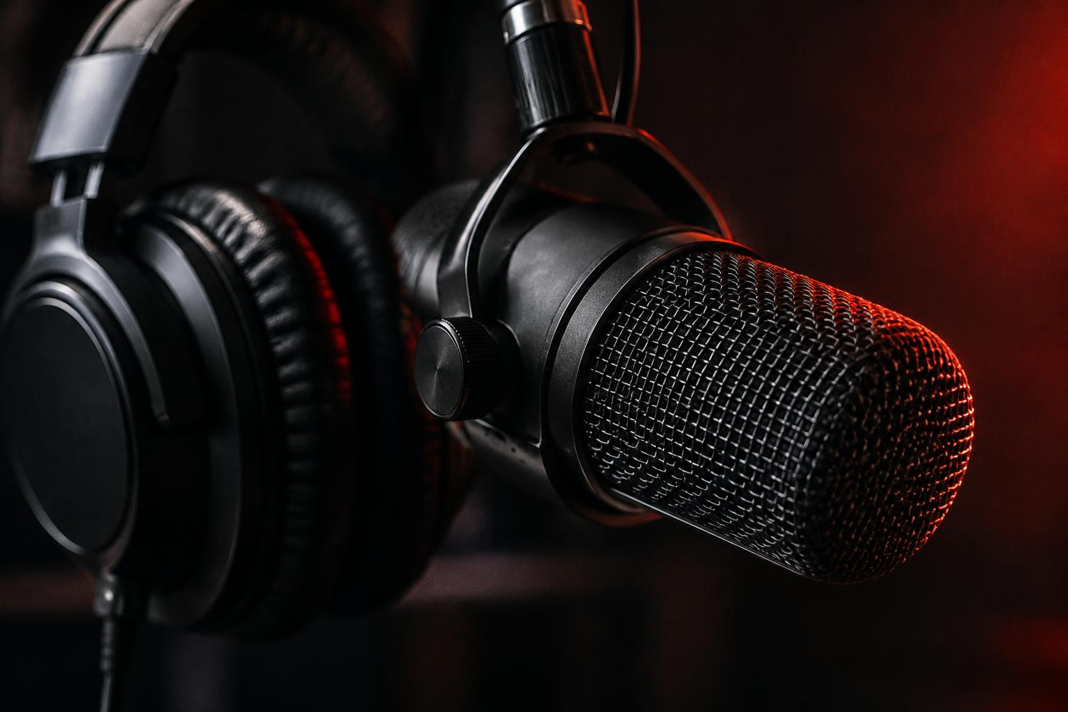 Broadcast microphone and headphones in a cinematic recording studio